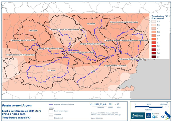 Evolution des températures du bassin versant de l’Argens selon les projections DRIAS-2020.