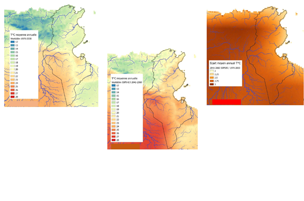 Projections du GIEC traitées par Hydroclim : tendances d’évolution des températures en Tunisie.